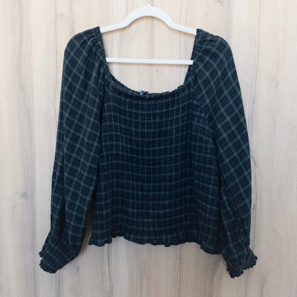 Madewell Plaid Long Sleeve‎ Top 1X Green Blue Smocked Academia Cottage Preppy